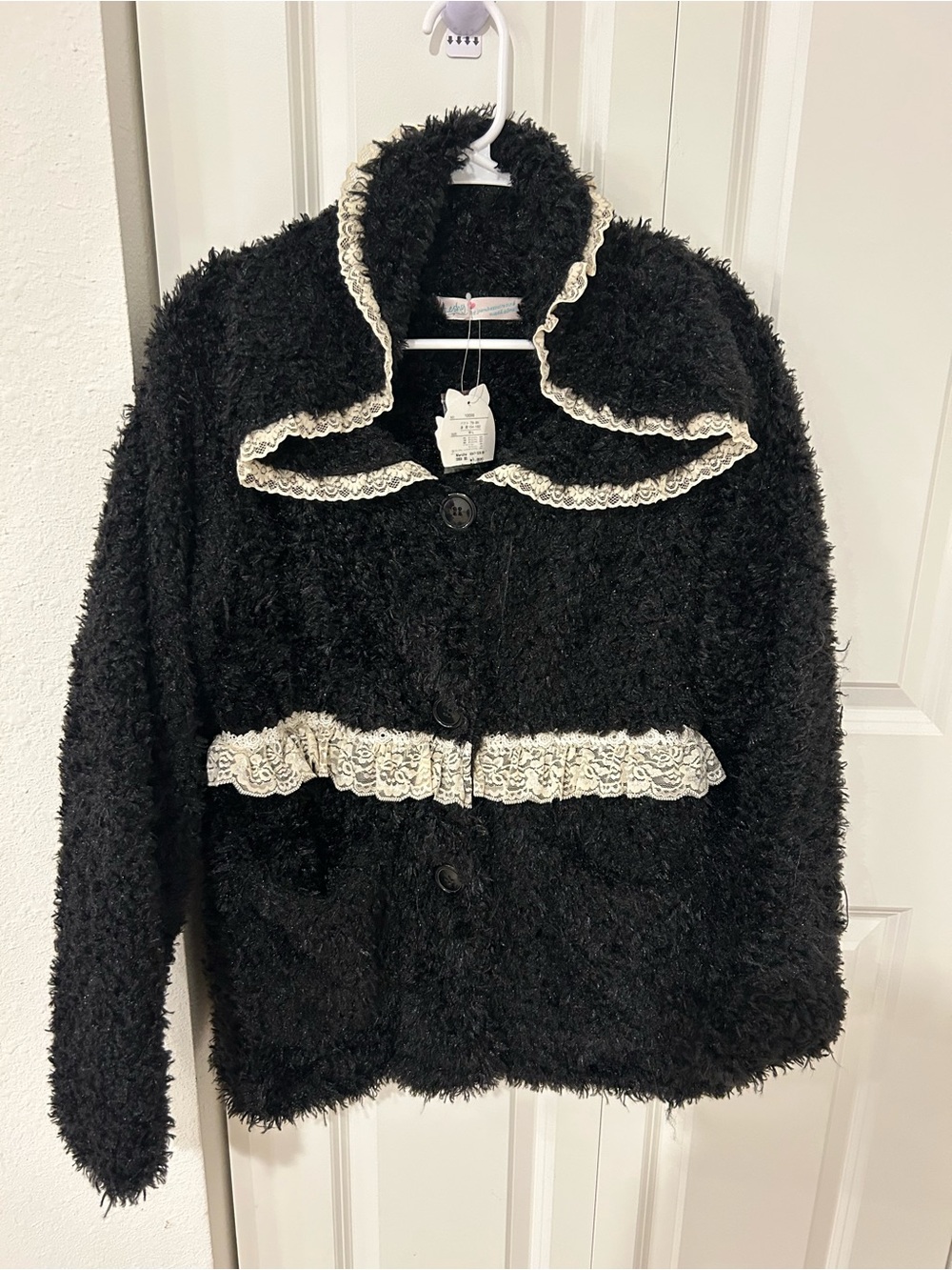 Leshy Forest Japanese Brand Black Fuzzy Fleece Jacket Cream Lace Coquette